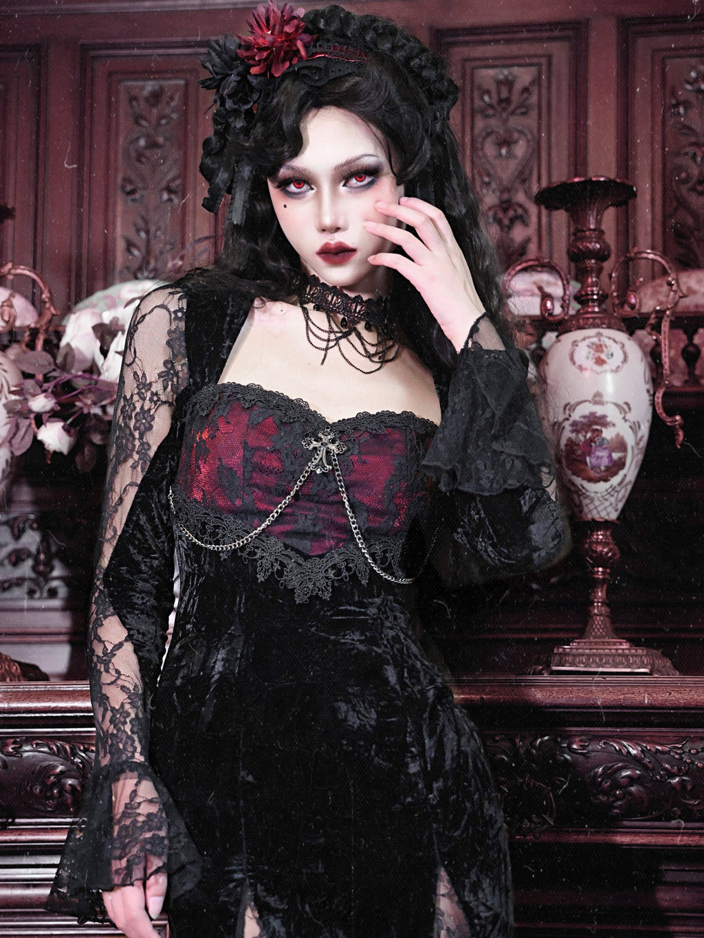 Rose Cemetery - Dark Red Velvet Gothic Lolita Dress - image 4