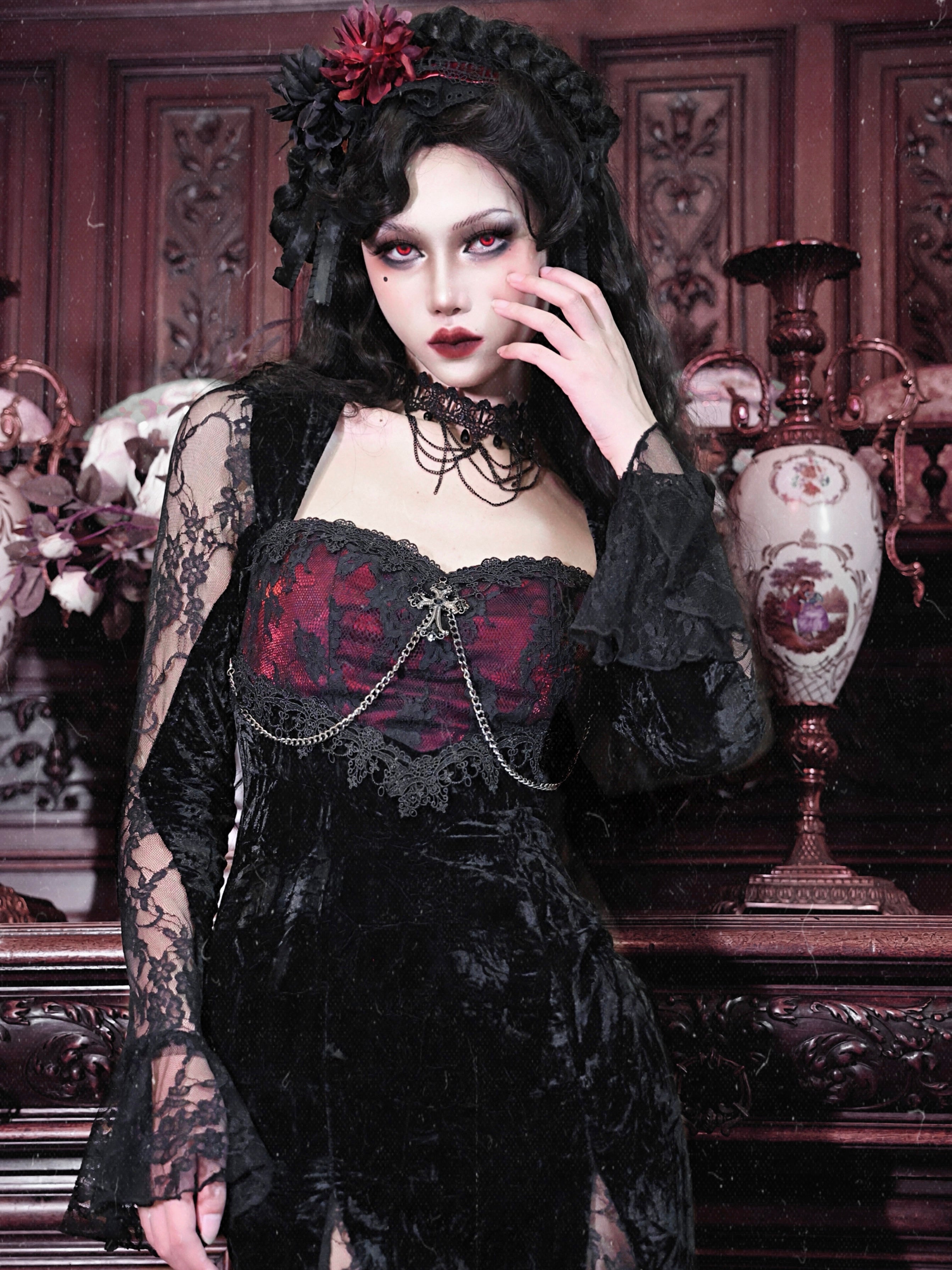 Rose Cemetery - Dark Red Velvet Gothic Lolita Dress - image 4