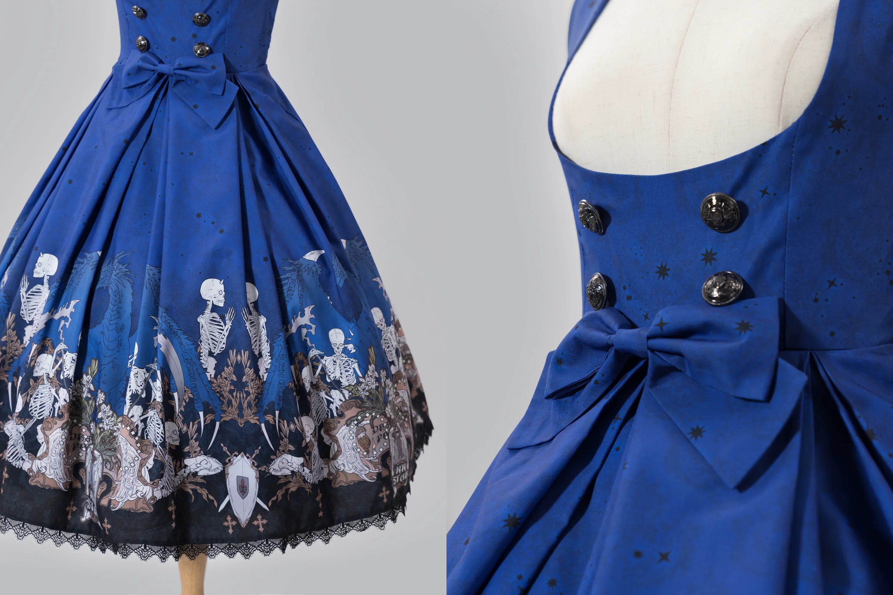 Dragon Bone Lily - Vintage Gothic Lolita Dragon & Skeleton Print JSK Dress and Accessories - image 12