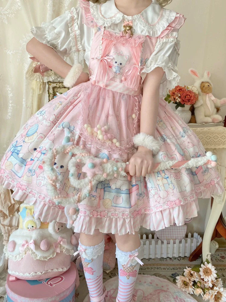 Meow Pompom - Sweet Lolita Salopette Dress Suit, Cat Print - image 1