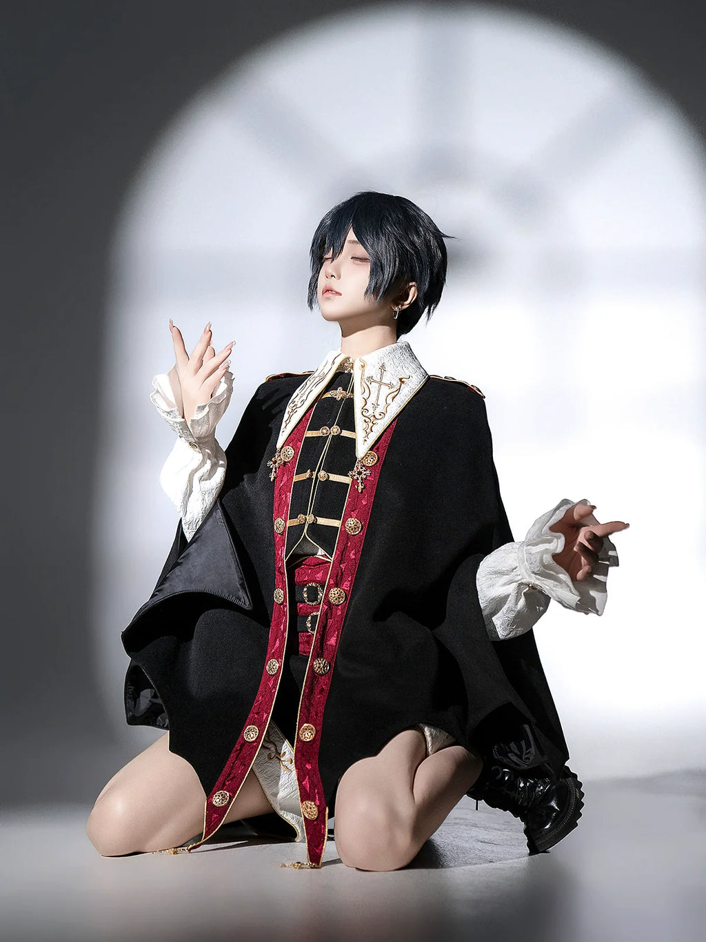 Vampire Youth - Ouji Lolita Bat Shaped Cape Set, Gold Embroidery & Red Accents - image 12