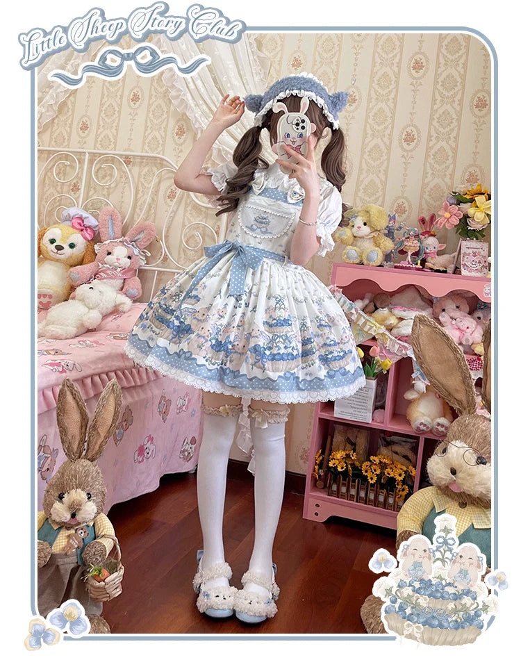 Blueberry Tart Party - Sweet Blue Lolita Salopette Dress Blueberry Tart Print JSK Dress and Accessories - image 14