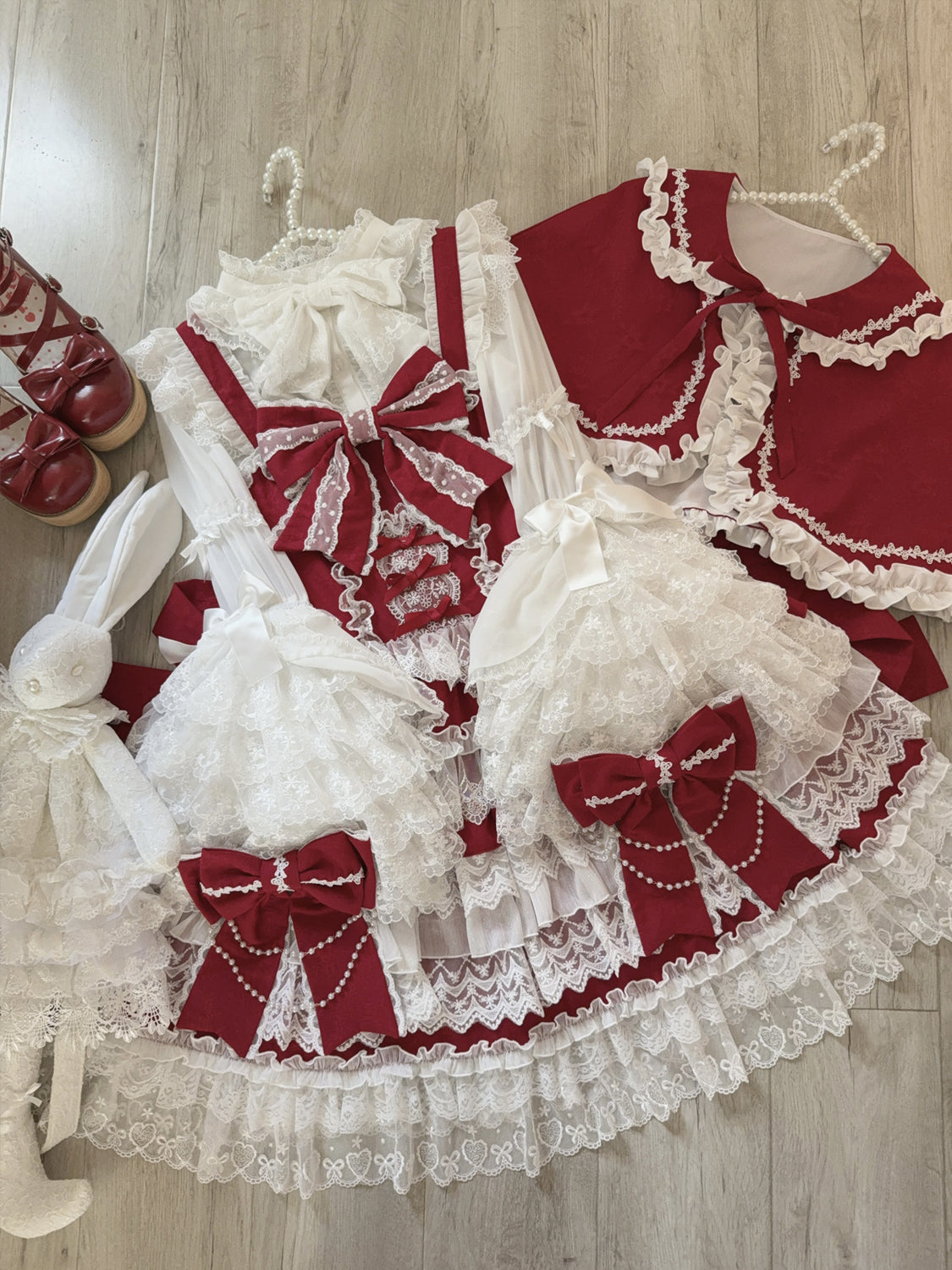 Cross Heart Knot - Sweet Lolita JSK Suit Tiered Ruffles Dress with Lace Blouse - image 22