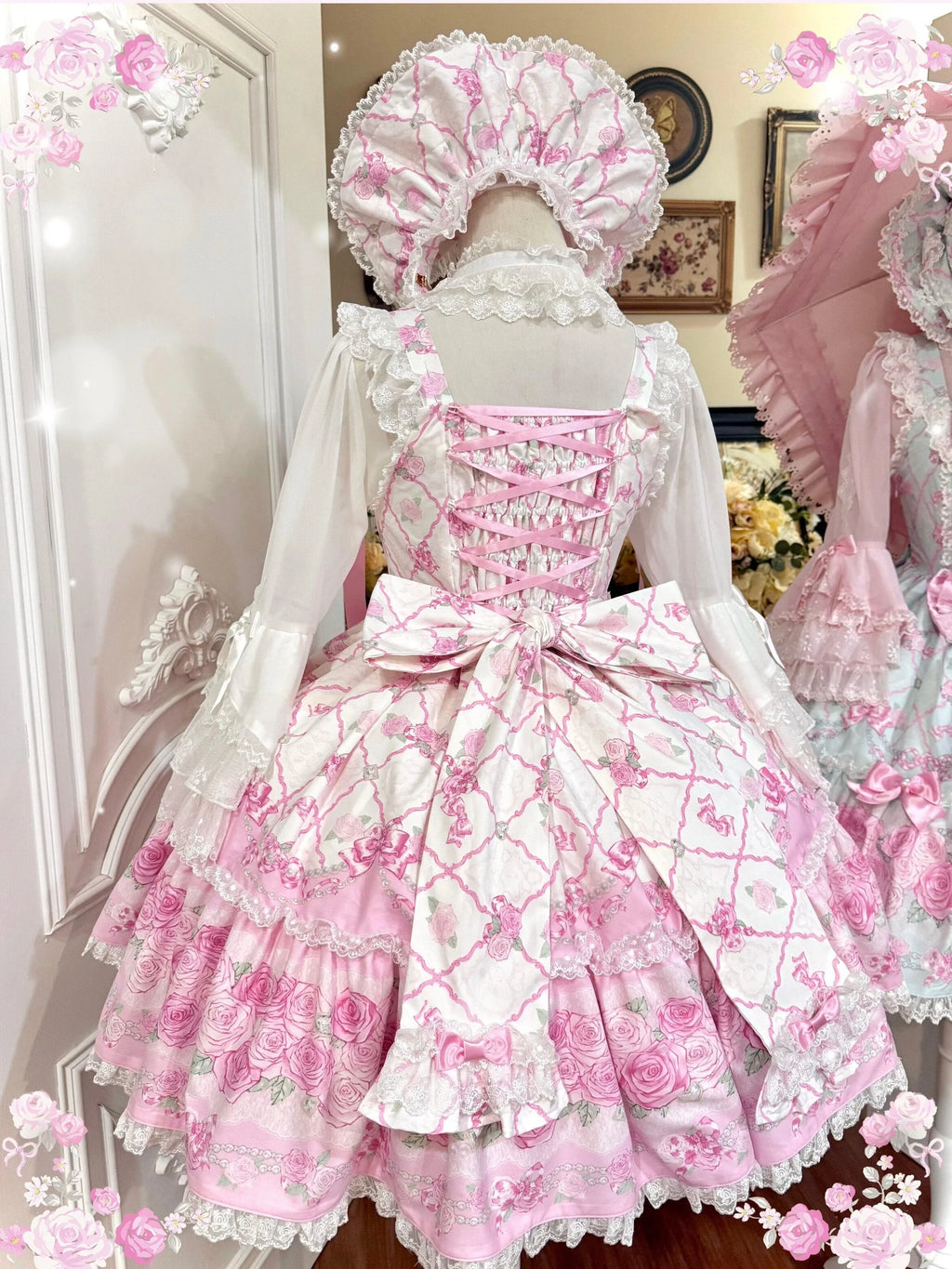 2026 Summer Rose Lattice Tiered Sweet Lolita JSK Dress with Bow Headpiece and Accessories - image 12