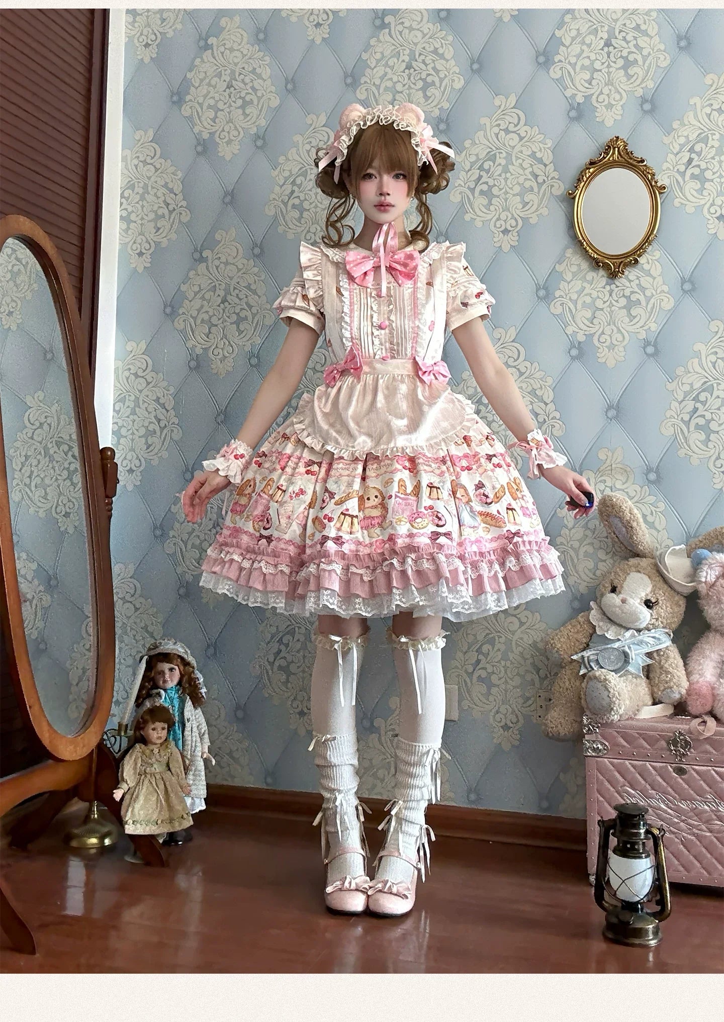 Full Sugar Bakery - Sweet Lolita Puppy Dessert Print OP Dress with Bows and Accessories - image 5