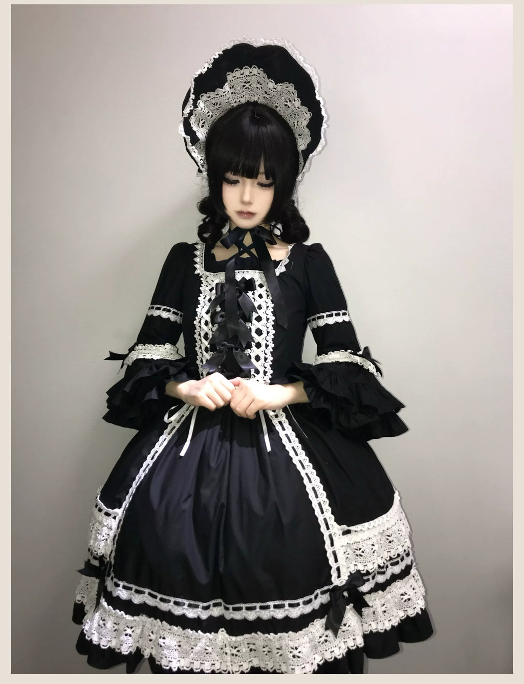 First Otome Black Old School Lolita OP Dress, Lace Details - image 6