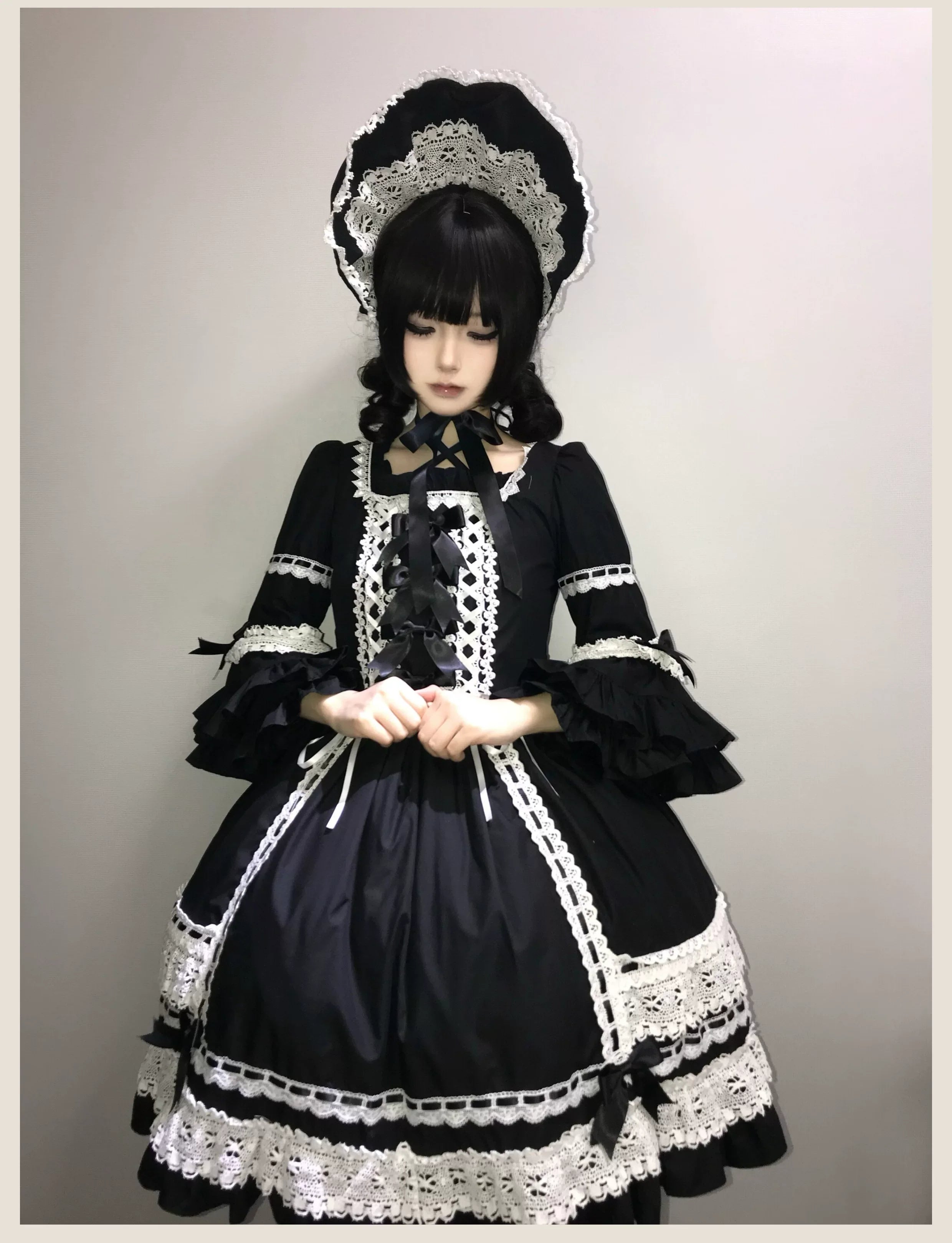 First Otome Black Old School Lolita OP Dress, Lace Details - image 6