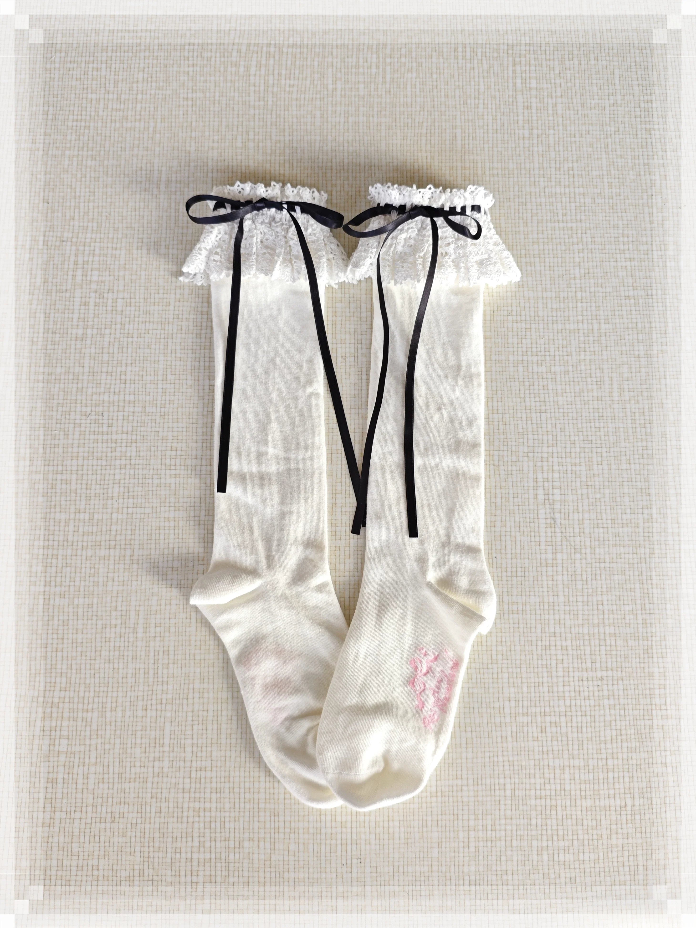 Cotton Old School Lolita White Socks with Colorful Ribbon Bows - image 23