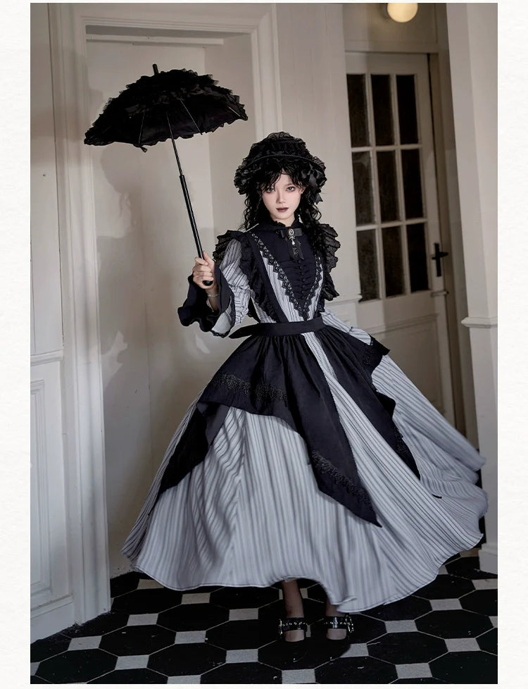 Nocturne SP - Striped Gothic Lolita OP Twin Lolita Dress with Apron and Accessories - image 12