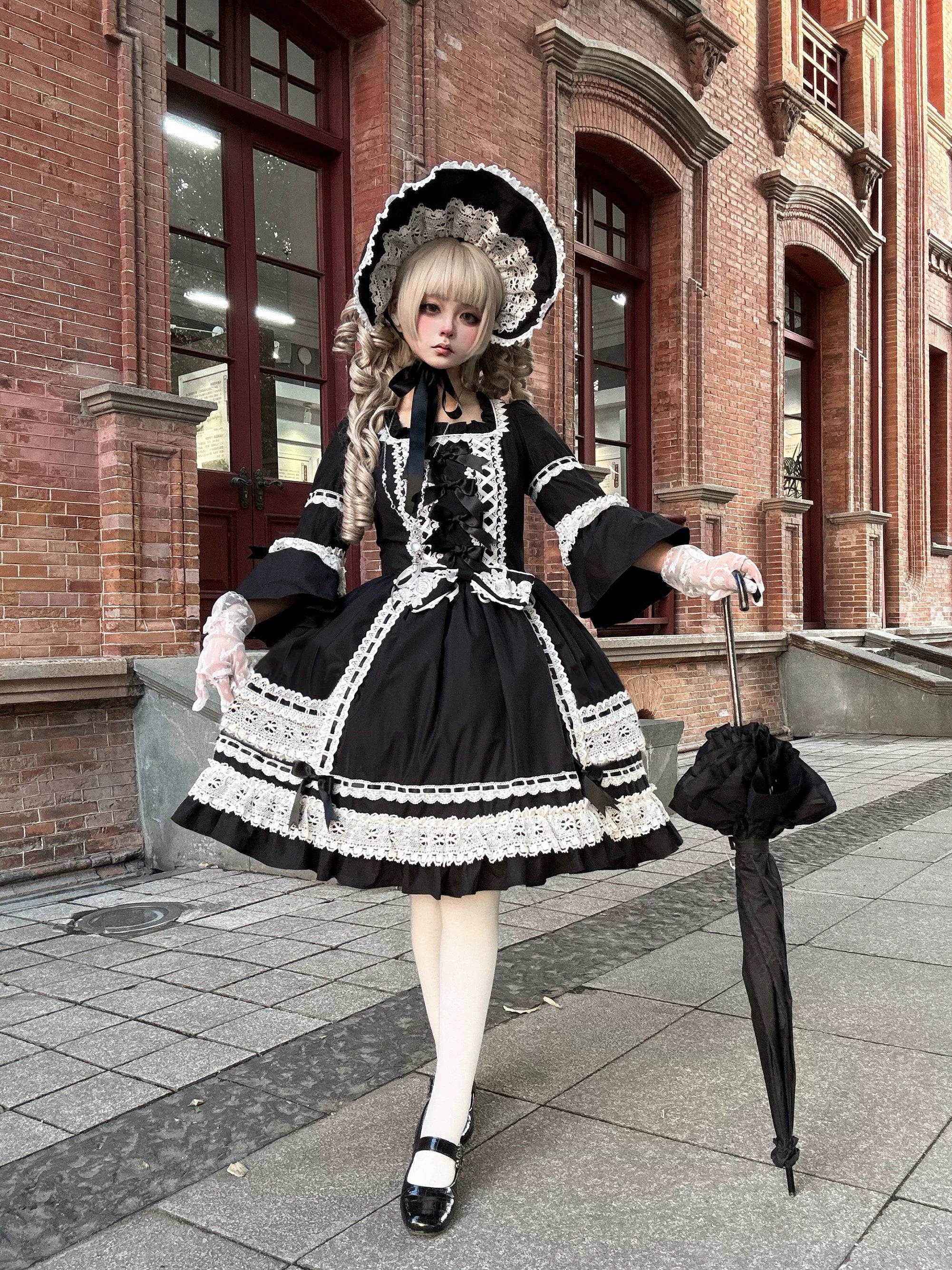 First Otome Black Old School Lolita OP Dress, Lace Details - image 1