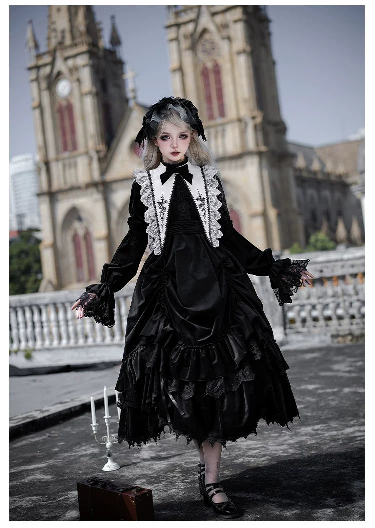 Dawn Bell & Dusk Song - Gothic Lolita Velvet OP Dress, Back Zipper and Accessories - image 15
