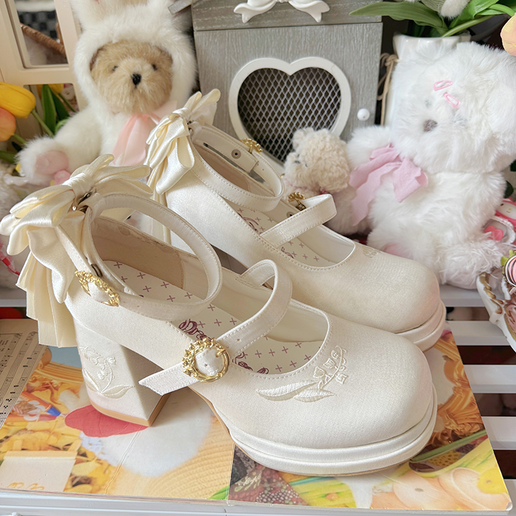 Dreamlike Lily of the Valley - Classic Lolita Platform Shoes with Back Large Bow - image 9