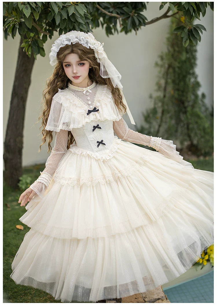 White Mist Promise - Classic Lolita Corset OP Set, Edwardian Collar & Tiered Hem - image 24