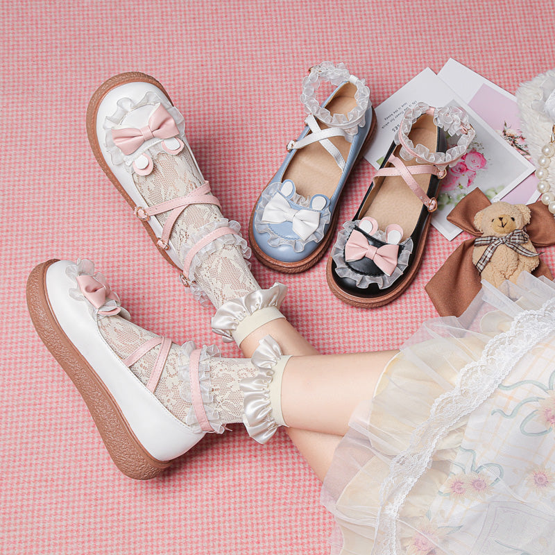 Sweet Bunny - Sweet Lolita Flat Shoes with Ear and Bow Decorations - image 1
