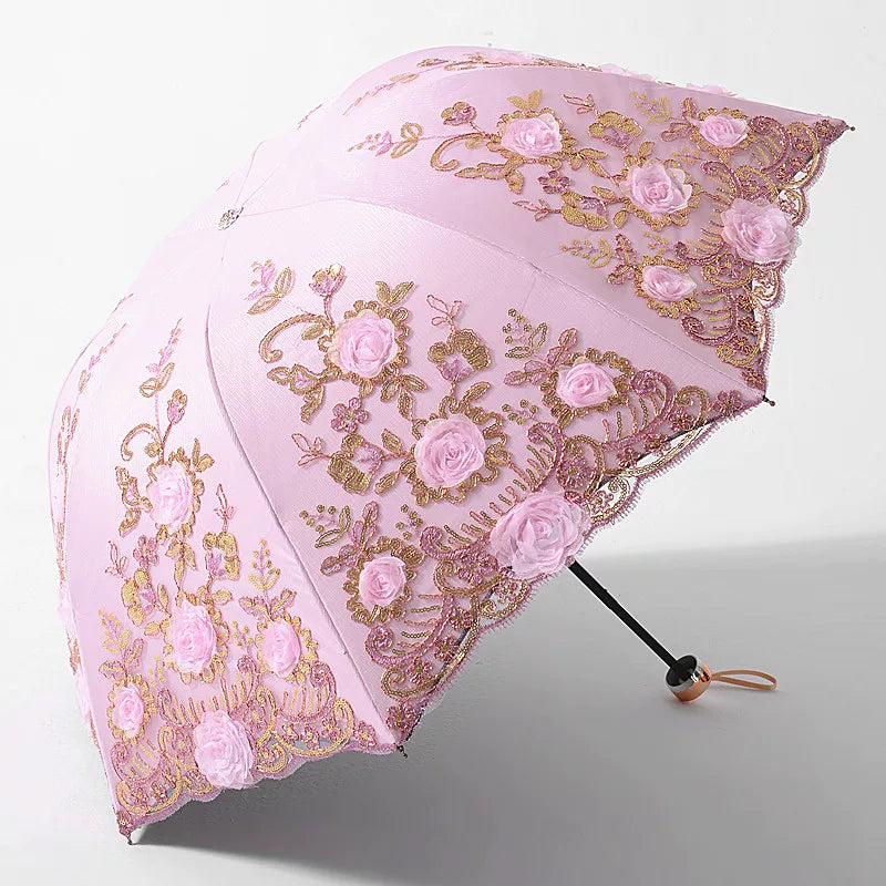 Foldable Lolita Parasol, Floral and Embroidery Detail - image 8
