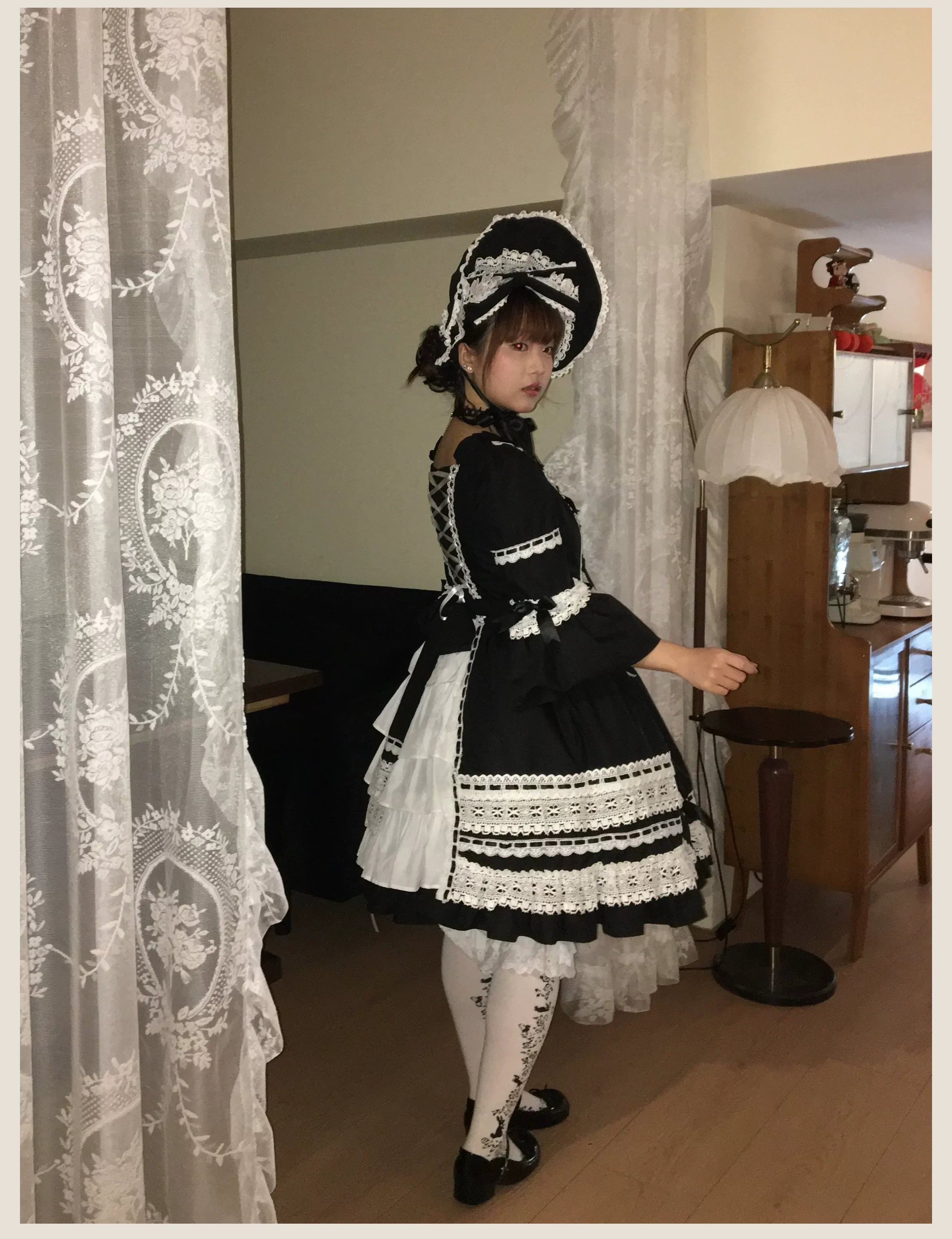 First Otome Black Old School Lolita OP Dress, Lace Details - image 17