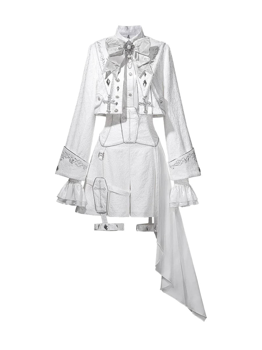 Silver Covenant - White Ouji Lolita Embroidery Coat and Shorts Set with Cross - image 9