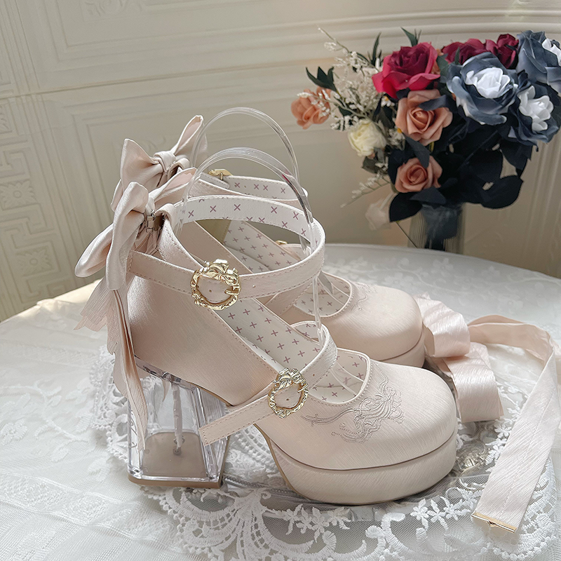 Floating Koi Land - Satin Classic Lolita Platform Shoes with Transparent Heel - image 31