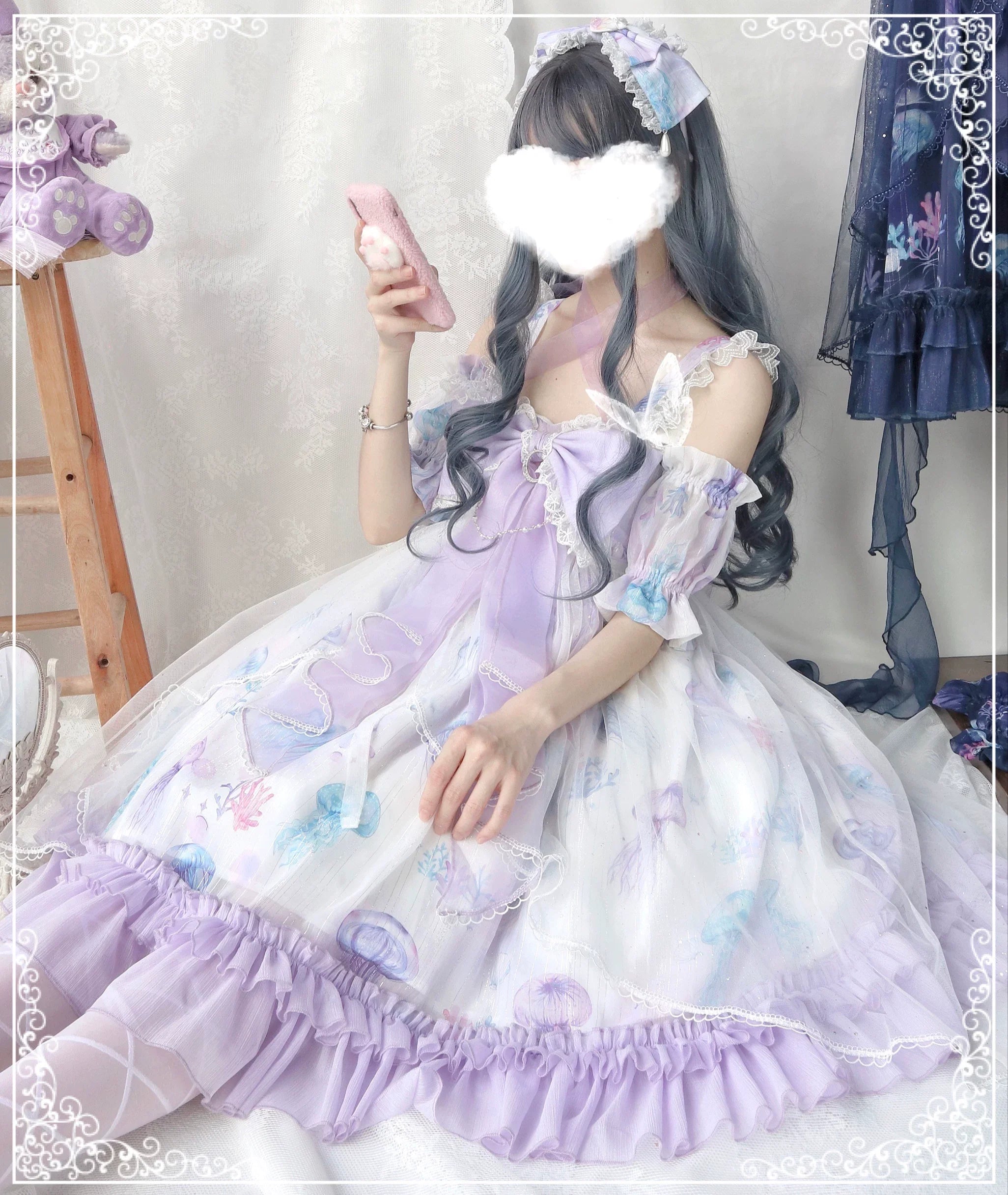 Coral Jellyfish - Sweet Lolita High-waist JSK Dress, Jellyfish & Coral Print and Accessories - image 33