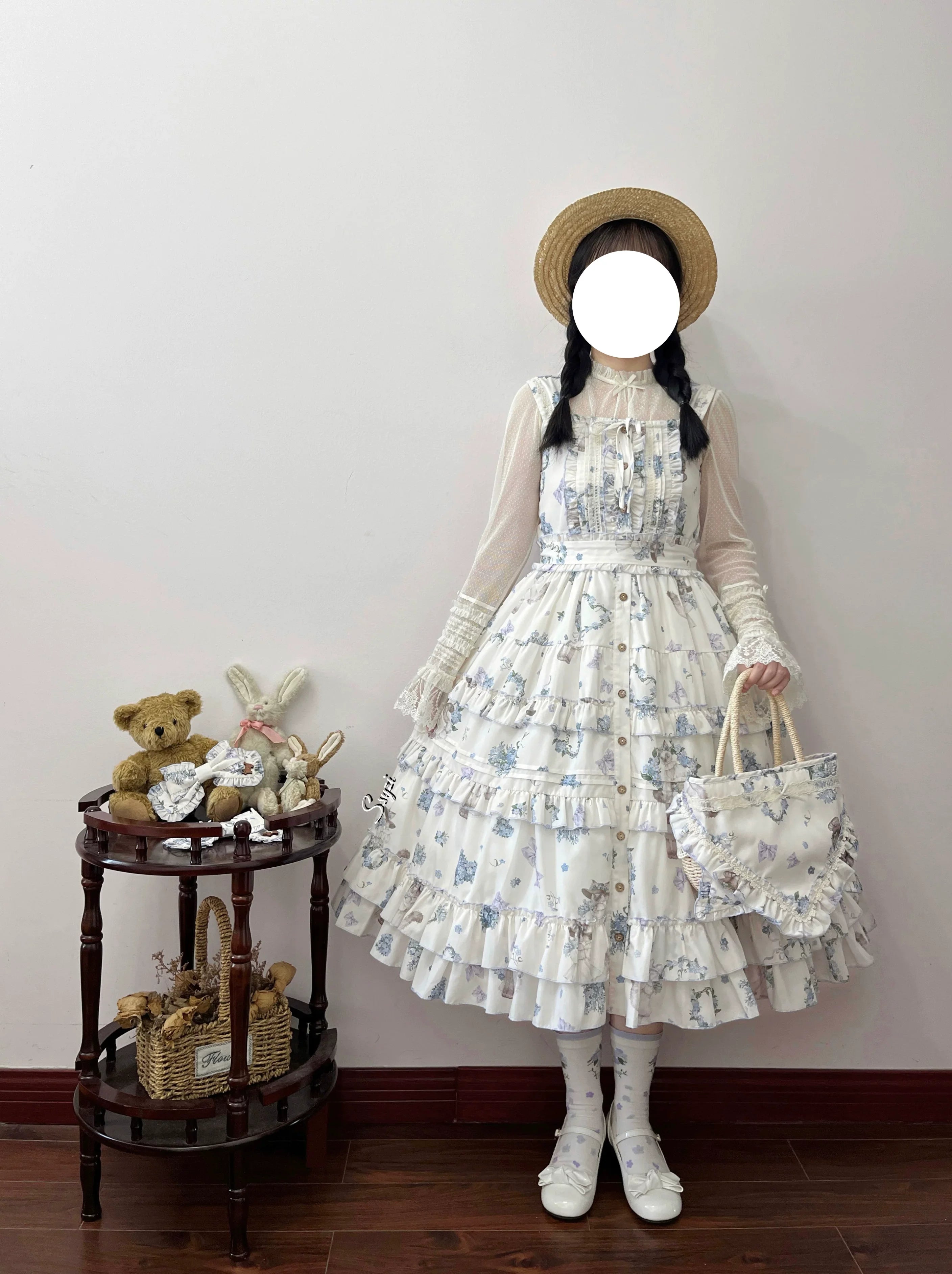 Meow Wreath - Classic Lolita Button Closure JSK Dress, Cat and Wreath Print - image 8