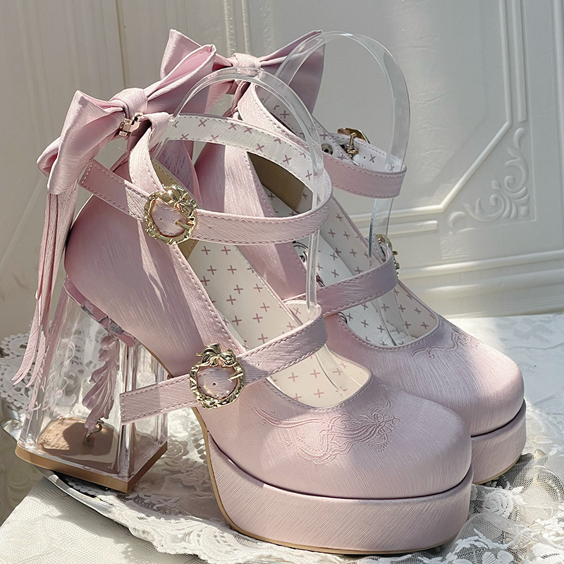 Floating Koi Land - Satin Classic Lolita Platform Shoes with Transparent Heel - image 41