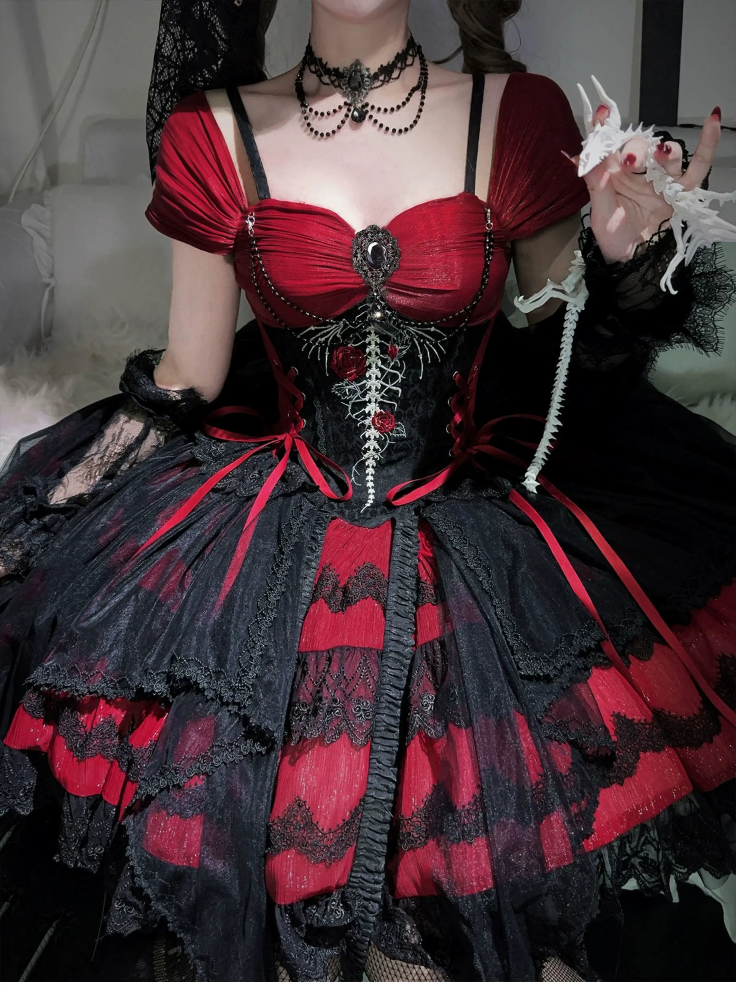 Eternal Thorn of the Dragonbone - Embroidered Gothic Lolita JSK Dress, Off-Shoulder and Accessories - image 5