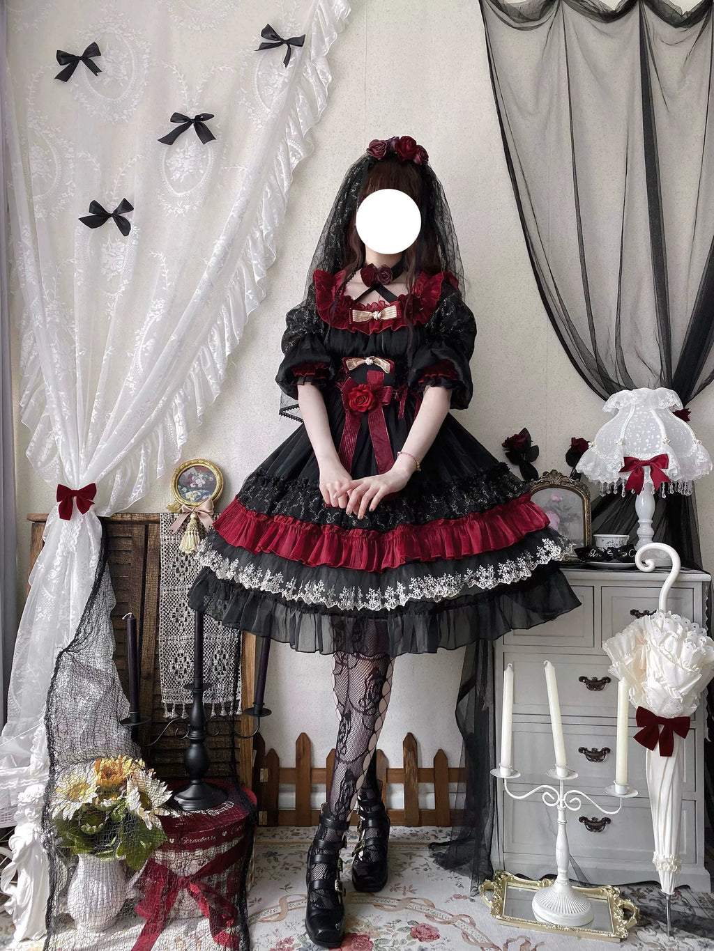 Night of Berea Gothic Lolita OP Dress in Black and Red - image 15