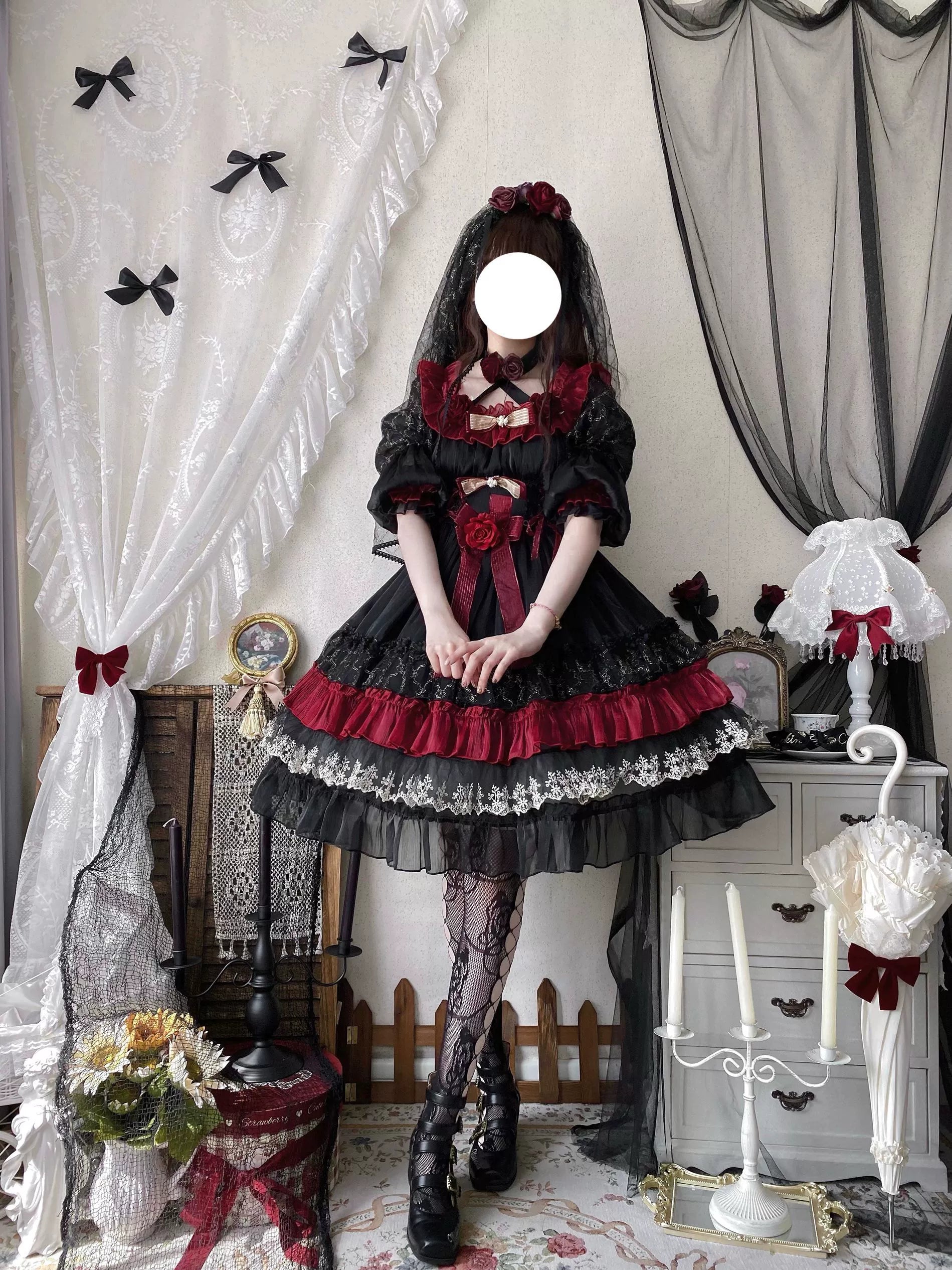 Night of Berea Gothic Lolita OP Dress in Black and Red - image 15