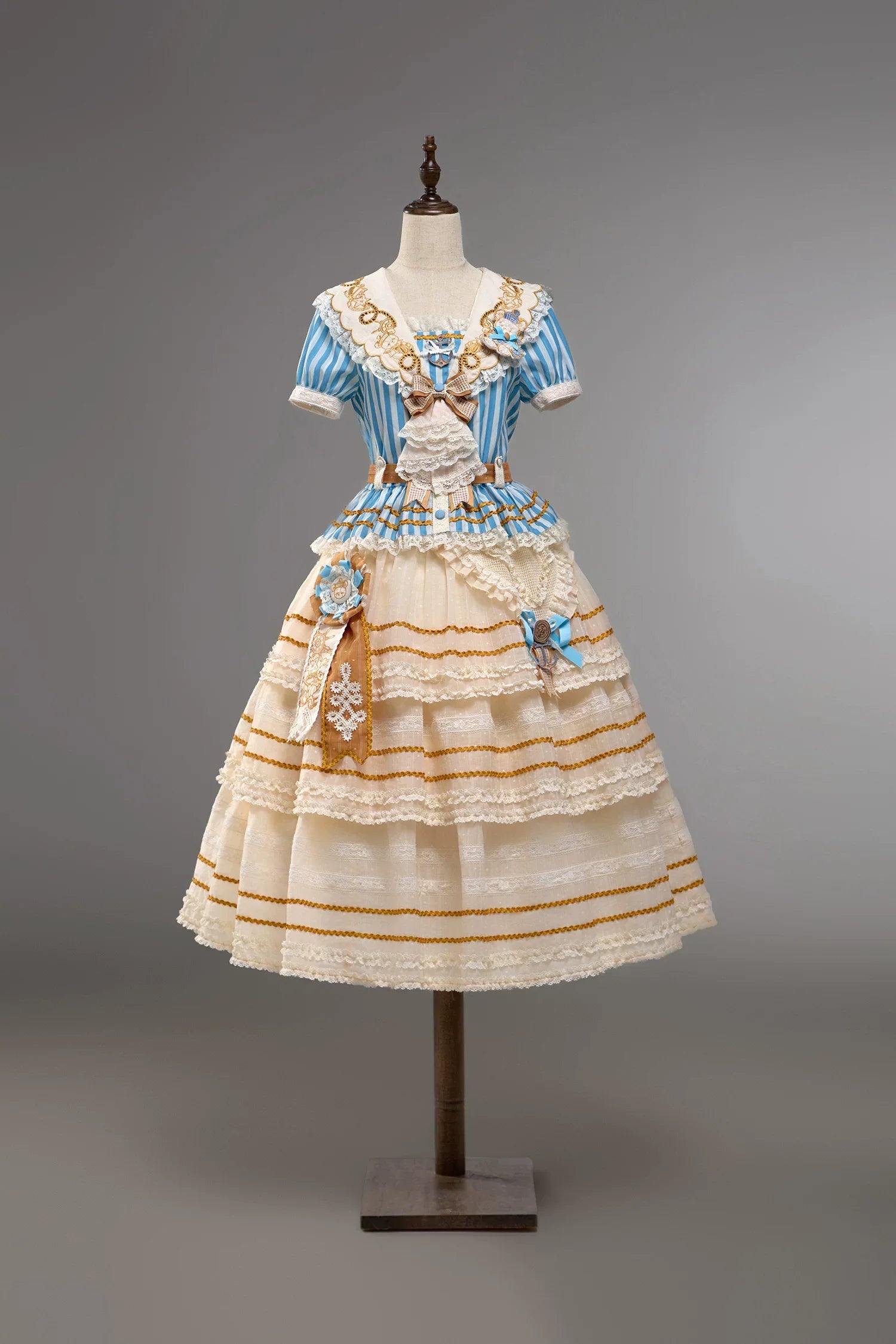 Antique Naval Bear - Striped Classic Lolita Sailor Collar OP, Bear Embroidery - image 6