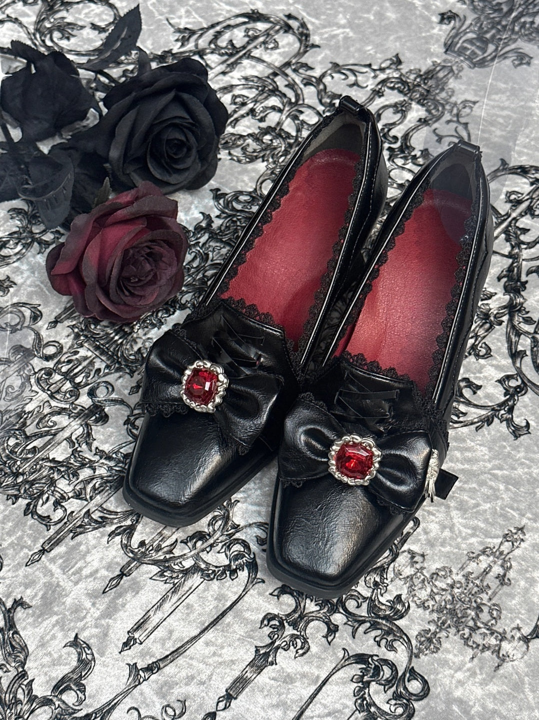 Night Banquet - Gothic Lolita Square-Toe Shoes with Ruby Bow - image 1