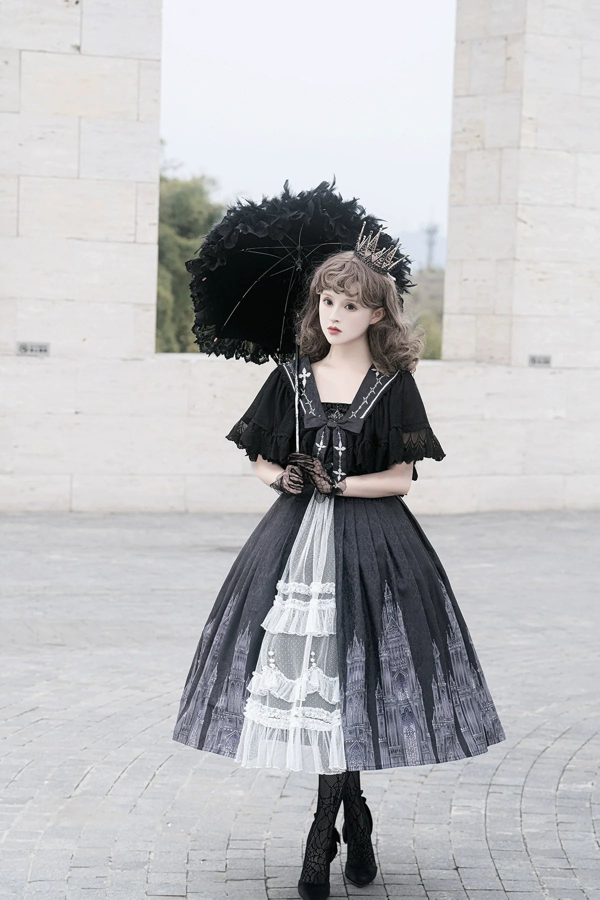 Silent Church - Gothic Lolita JSK Dress Printed Dress Thin Shawl Set - image 3