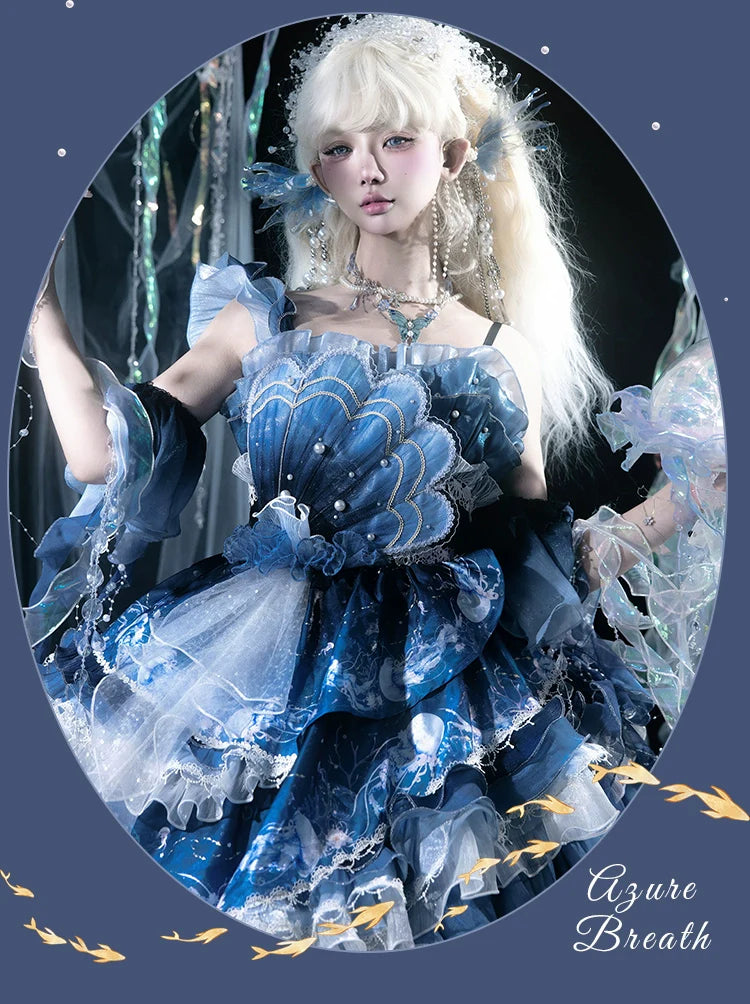 Blue Breath Jellyfish - Classic Lolita JSK Dress, Side Zipper - image 21