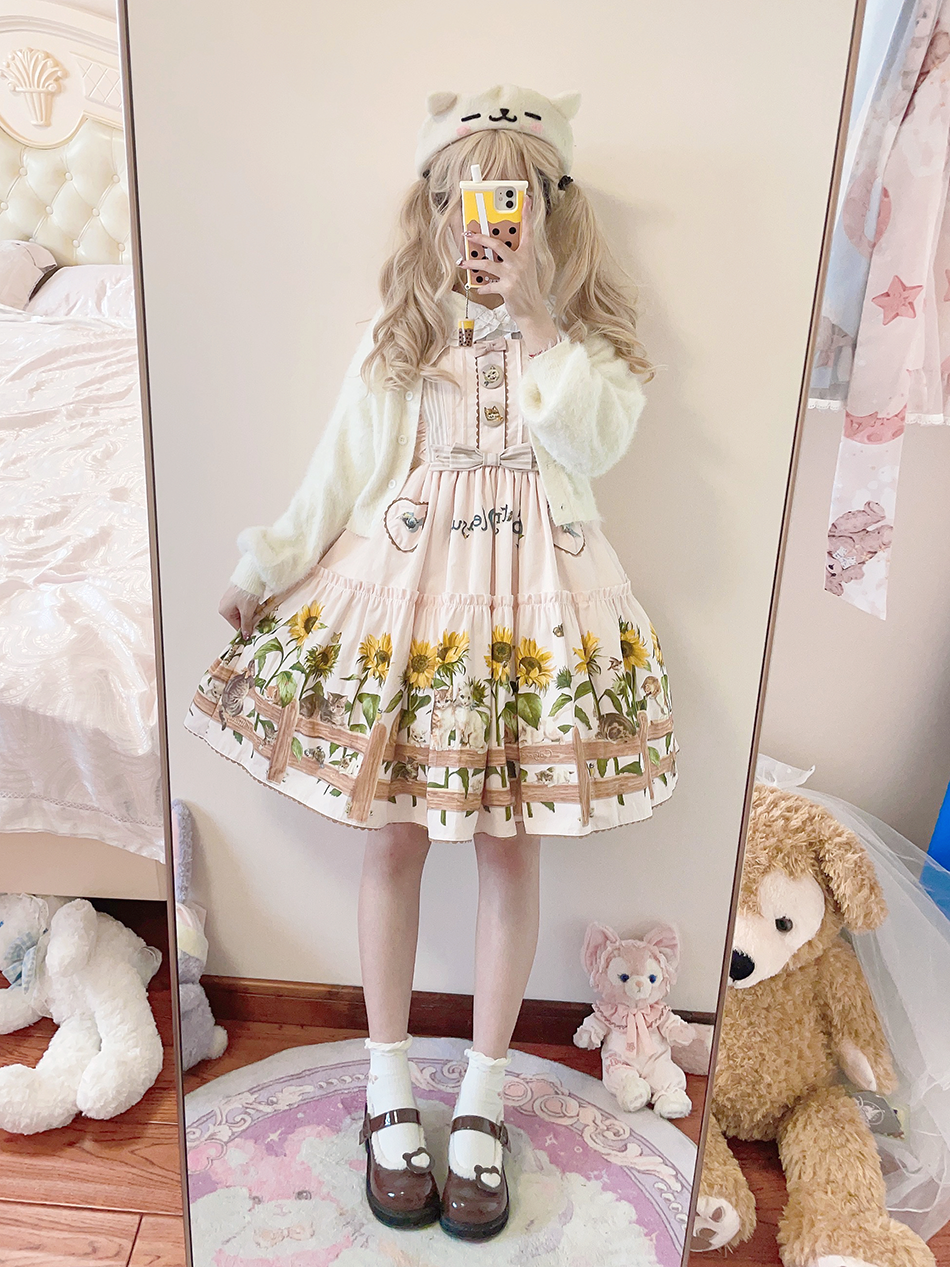 Cat and Sunflower - Sweet Lolita JSK, Cat and Sunflower Print - image 30