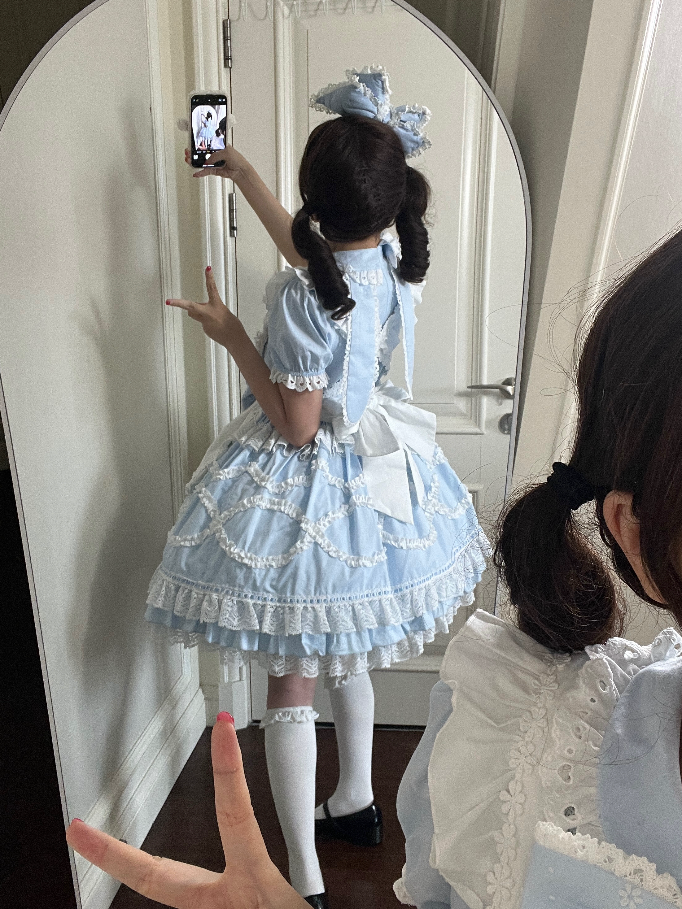 Creamy Sweet Bunny - Cotton Old School Lolita Bunny Ear OP Dress with Bows and Accessories - image 8