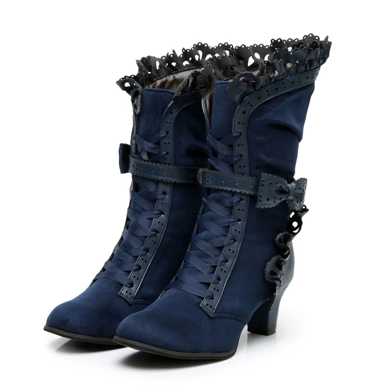 Meteorite's Wound - Winter Gothic Lolita Boots Dark Velvet Mid-Calf Heels - image 29
