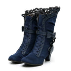 Meteorite's Wound - Winter Gothic Lolita Boots Dark Velvet Mid-Calf Heels - image 29