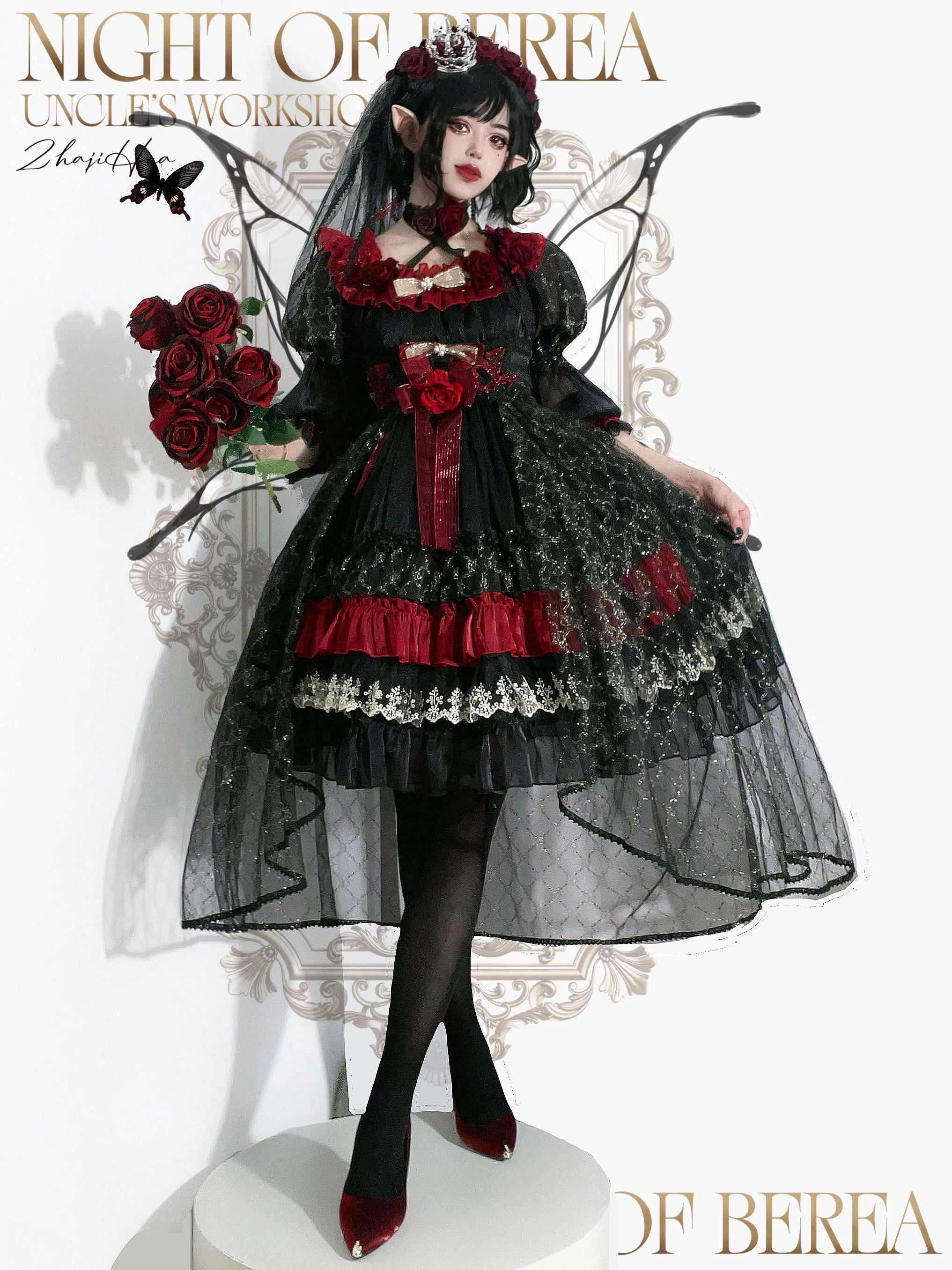 Night of Berea Gothic Lolita OP Dress in Black and Red - image 8
