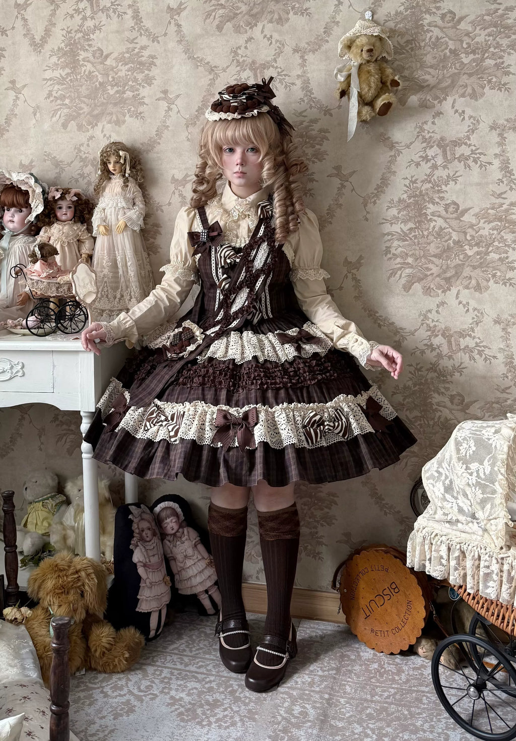 Coco Grace - Plaid Kawaii Lolita JSK Dress, Layered Ruffle & Bow and Accessories - image 7