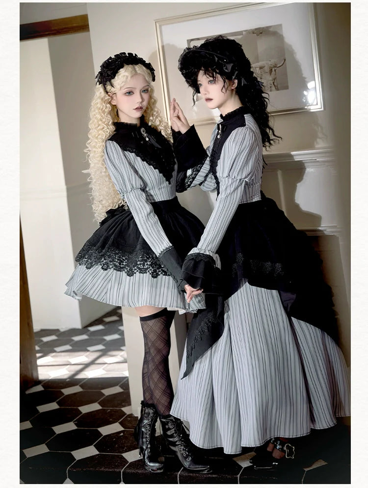 Nocturne SP - Striped Gothic Lolita OP Twin Lolita Dress with Apron and Accessories - image 5