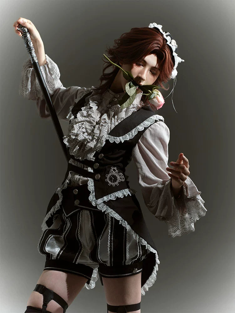 Crow Feather Ode - Ouji Lolita Cotton Linen Shirt and Clock Embroidery Vest Set - image 13