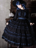 Wings and Bouquet - Dark Classic Lolita Blouse and SK Set, Layered Blue Ruffles - image 7