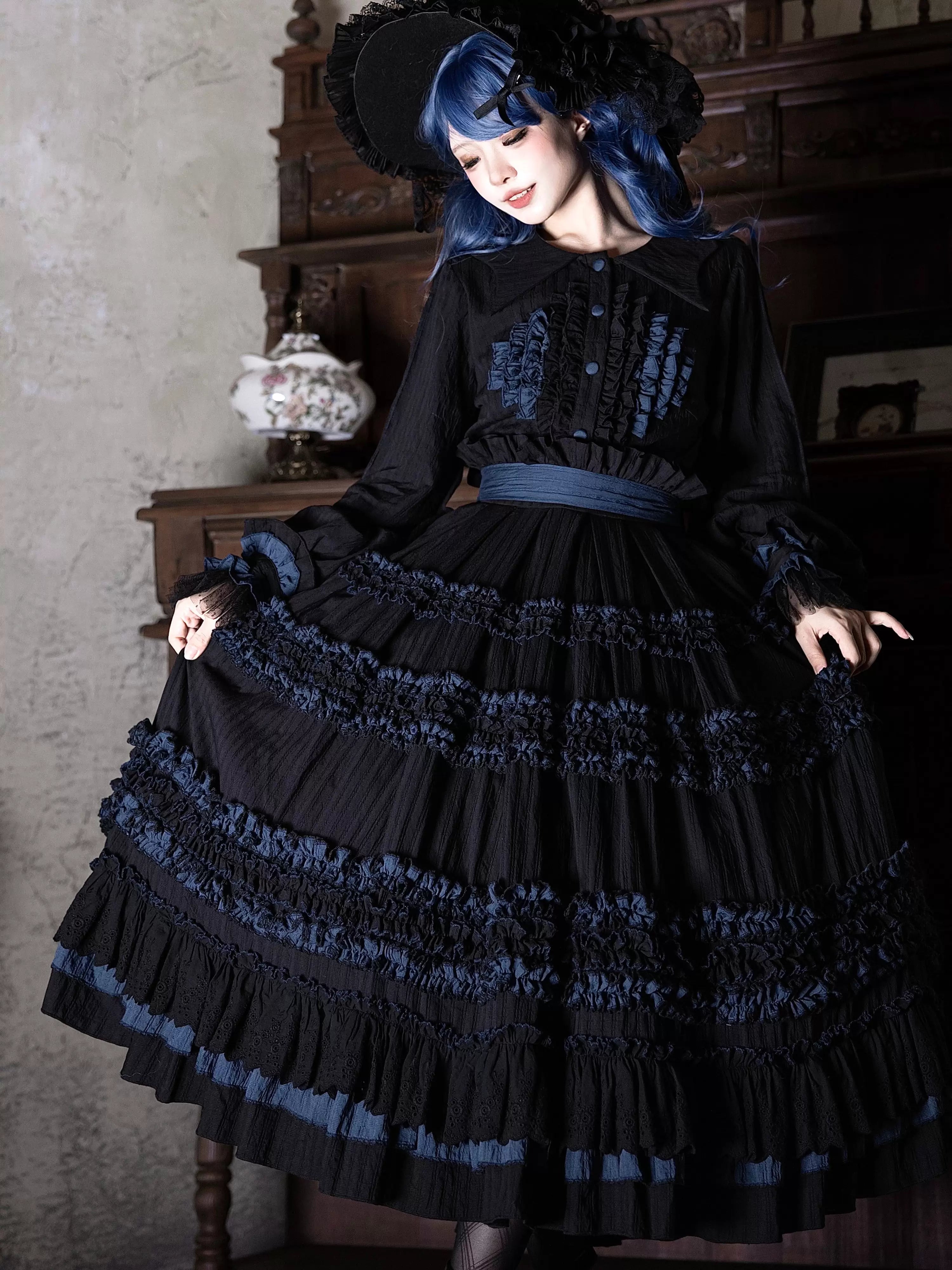 Wings and Bouquet - Dark Classic Lolita Blouse and SK Set, Layered Blue Ruffles - image 7