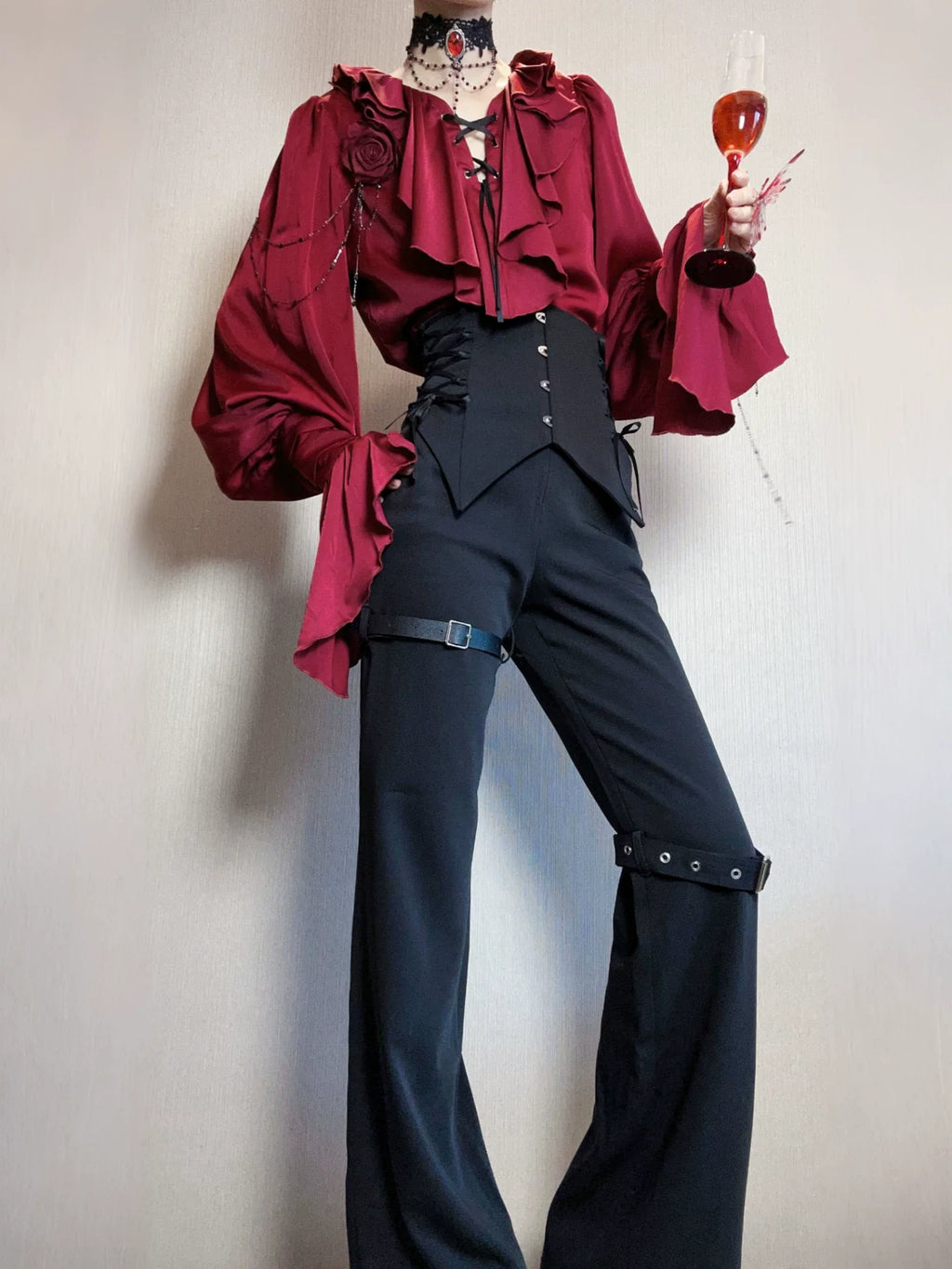 Ouji Lolita V-Line Backless Blouse & Slight Flare Pants - image 1