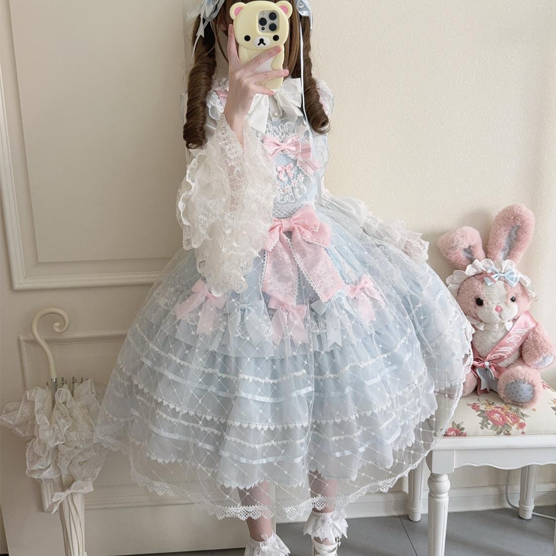 Spring Awakening - Sweet Lolita JSK and Princess-Sleeved Shirt with Lace Detail and Accessories - image 8
