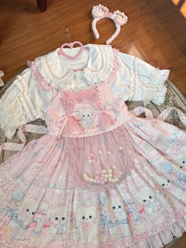 Meow Pompom - Sweet Lolita Salopette Dress Suit, Cat Print - image 23