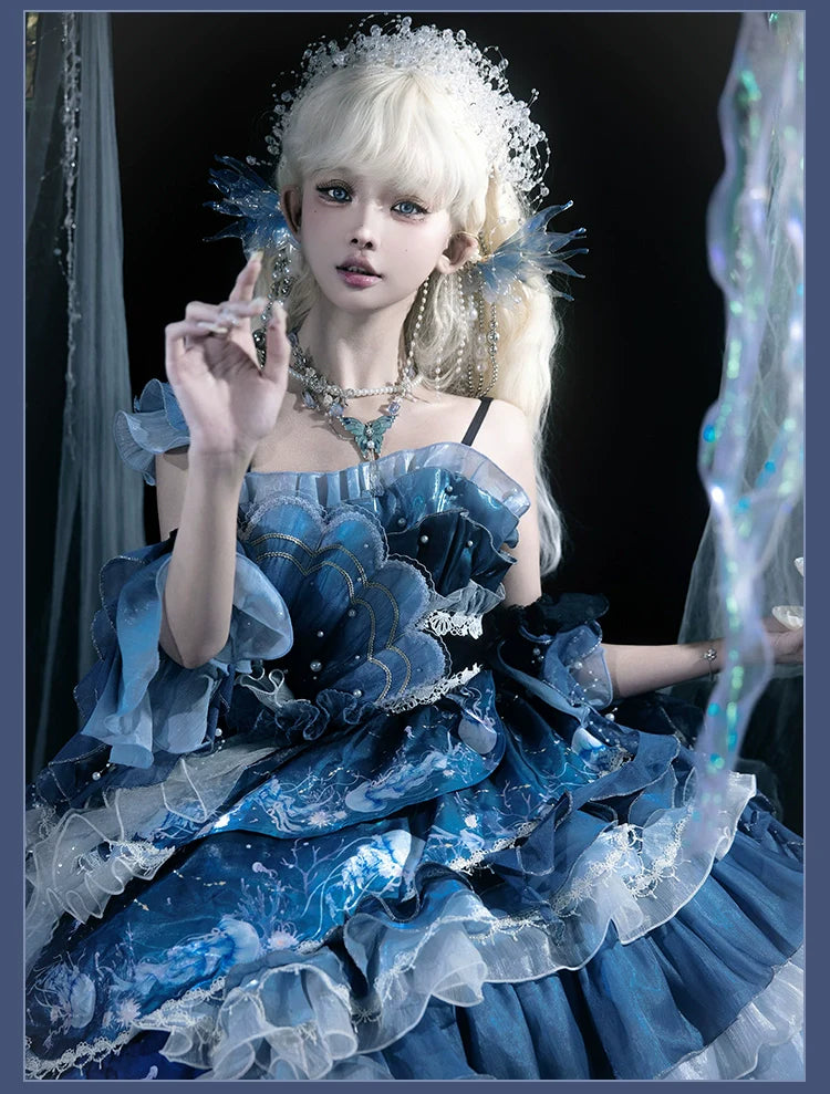 Blue Breath Jellyfish - Classic Lolita JSK Dress, Side Zipper - image 15