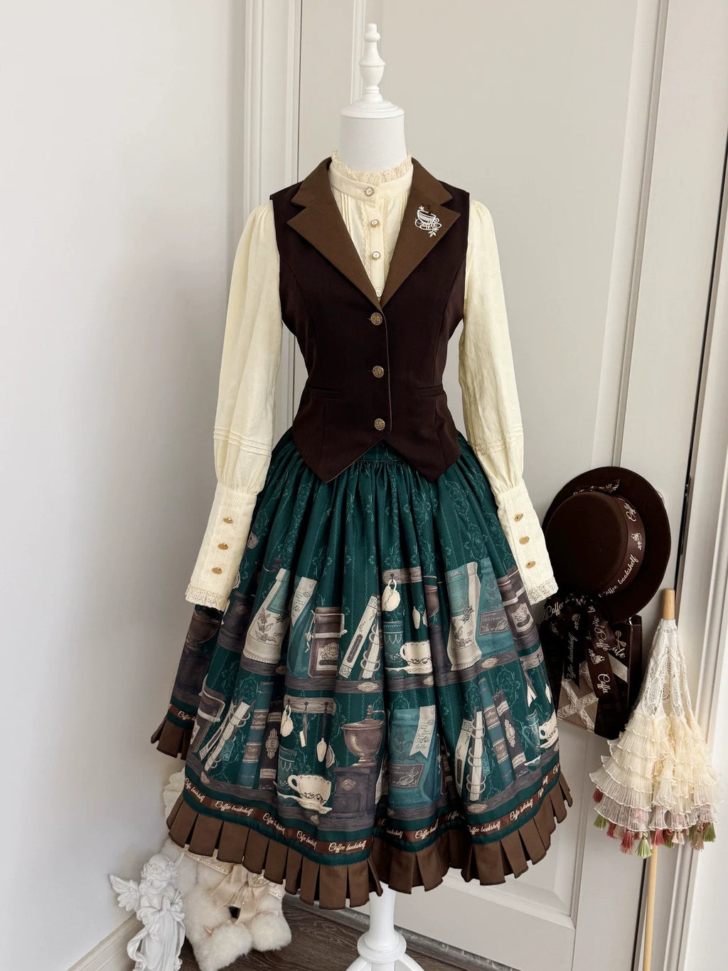 Coffee Bookshelf - Classic Lolita JSK and SK Set, Coffee Cup and Book Print - image 2