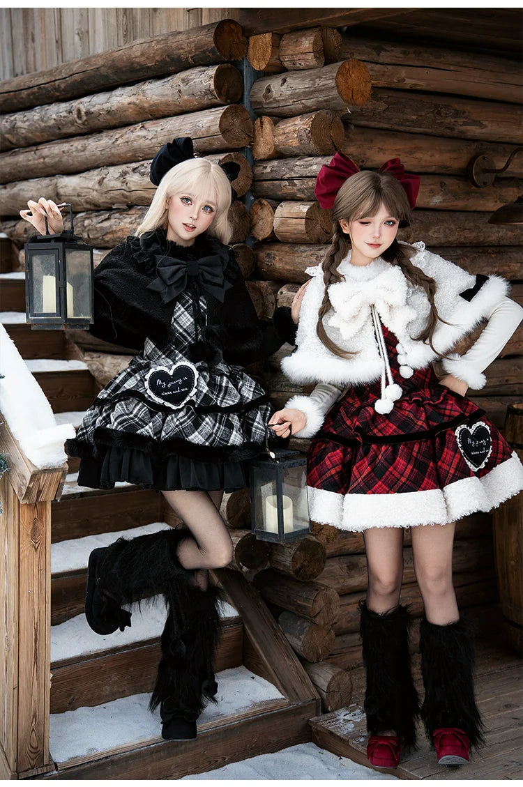Snow Night Serenade - Fluffy Plaid Kawaii Lolita JSK, Reversible Cape and Accessories - image 23
