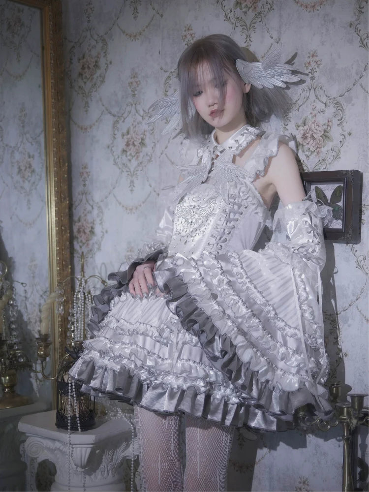 Metallic Angel - Silver-white Punk Lolita JSK, Wing and Rhinestone Details - image 7