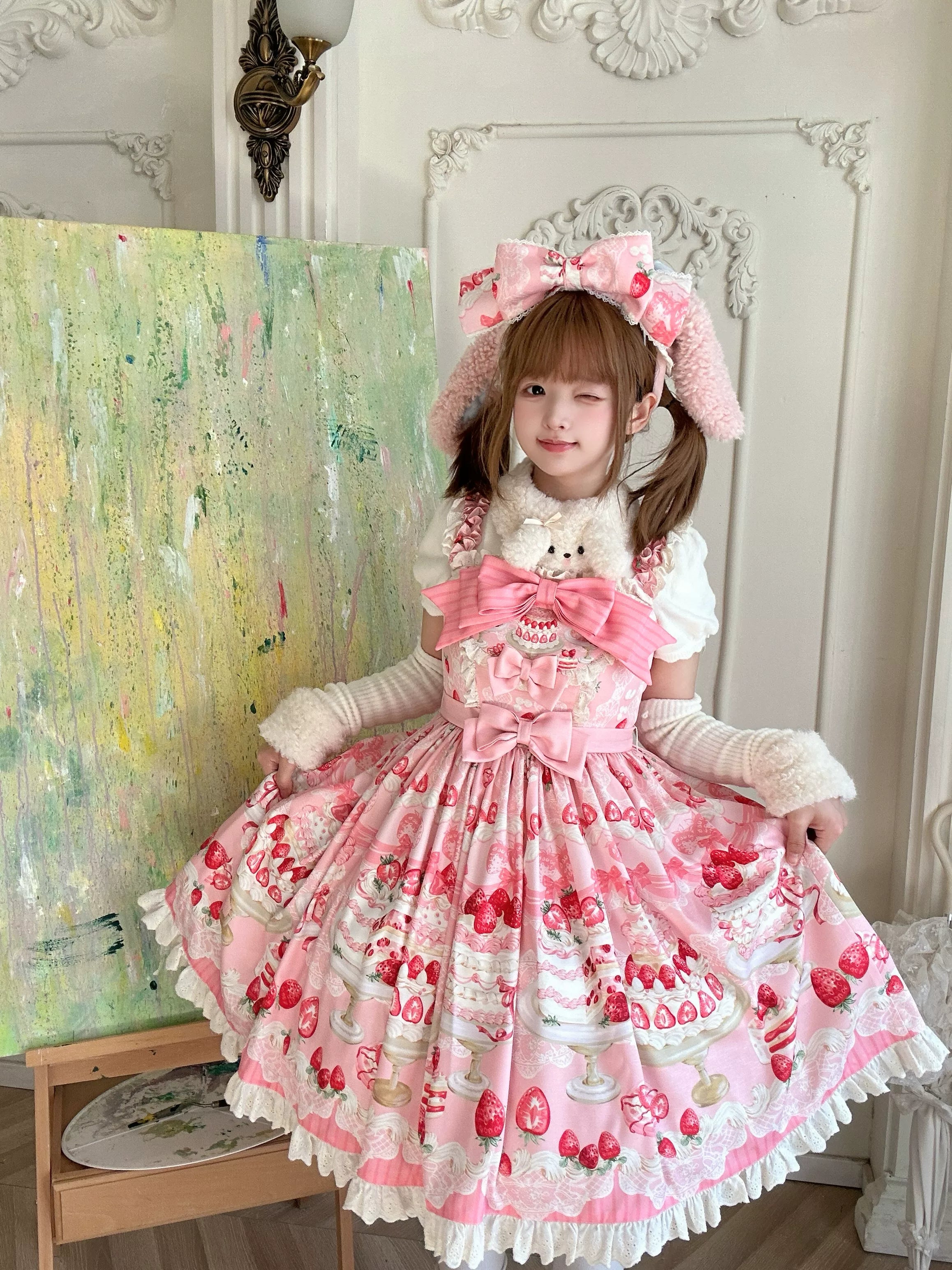 Strawberry Cake - Printed Sweet Lolita JSK Dress, Plush Bunny Ear KC - image 6
